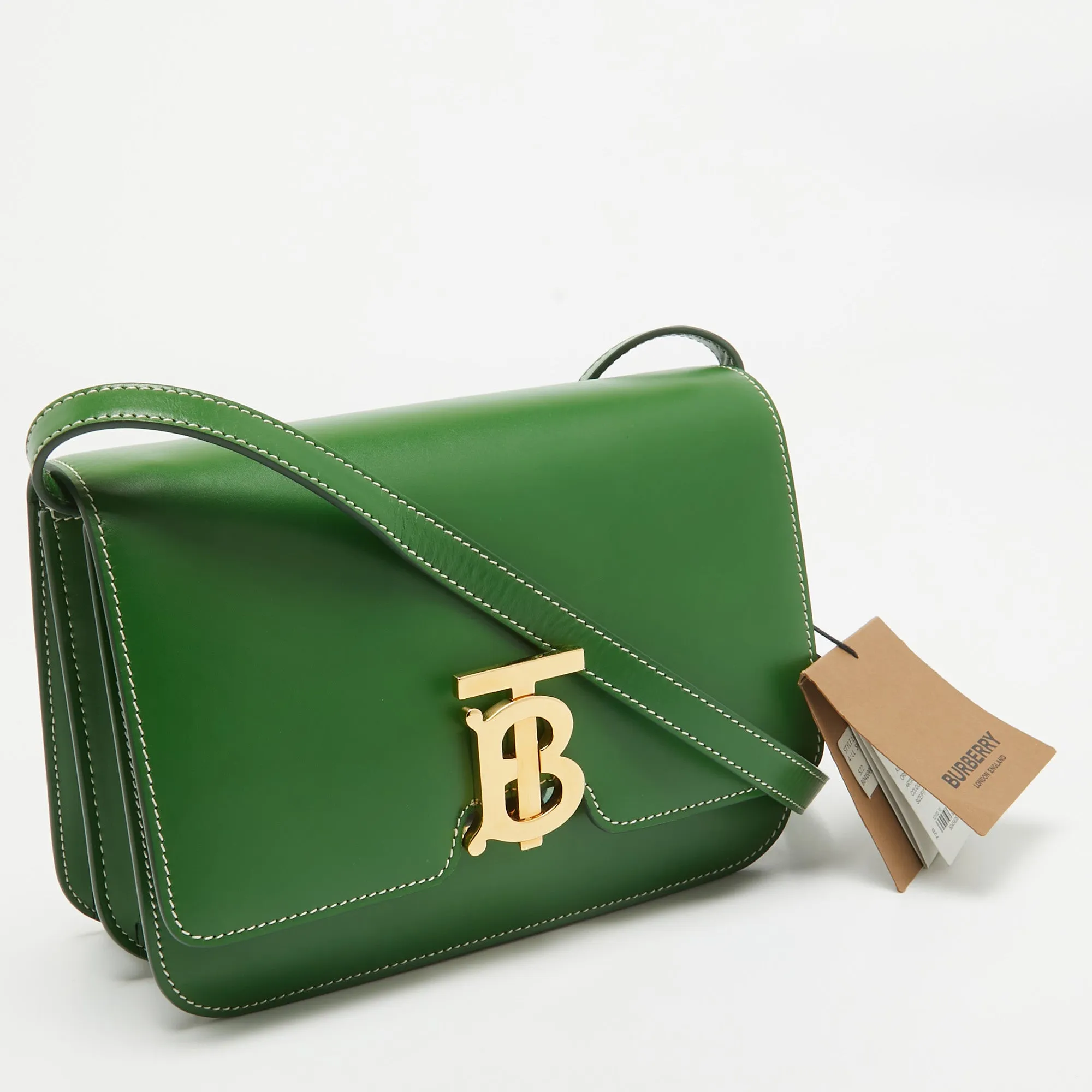 BURBERRY Green Leather Small TB Shoulder Bag