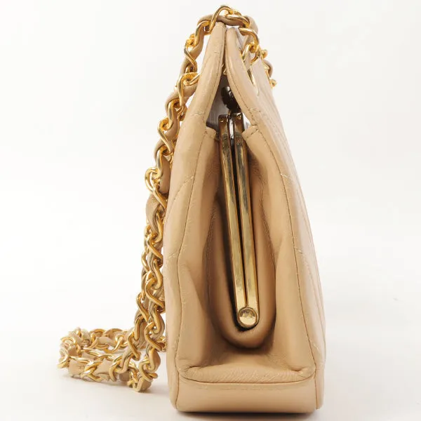 Chanel Around 1990 Made Chevron Cc Mark Plate Metal Clasp Chain Bag Beige
