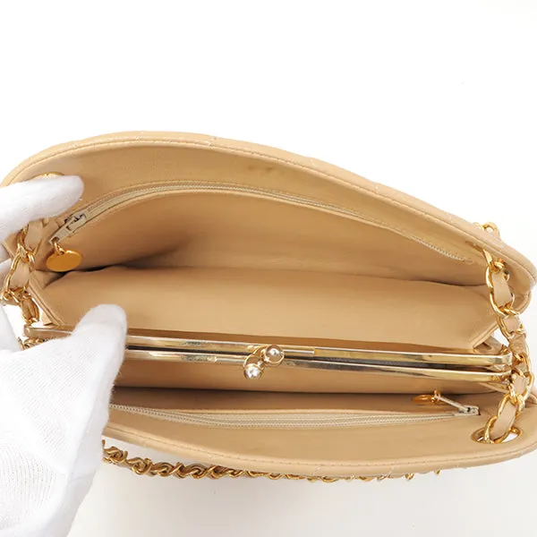 Chanel Around 1990 Made Chevron Cc Mark Plate Metal Clasp Chain Bag Beige