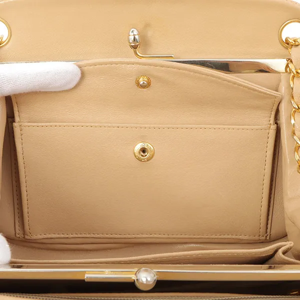Chanel Around 1990 Made Chevron Cc Mark Plate Metal Clasp Chain Bag Beige