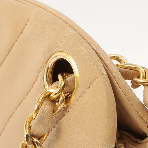 Chanel Around 1990 Made Chevron Cc Mark Plate Metal Clasp Chain Bag Beige