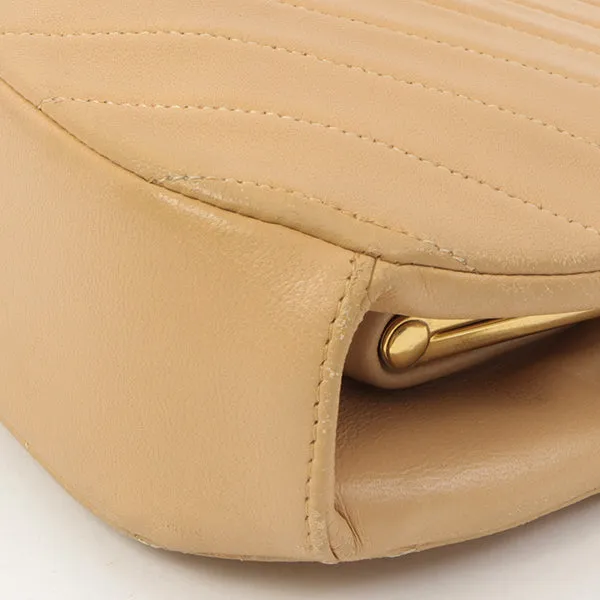 Chanel Around 1990 Made Chevron Cc Mark Plate Metal Clasp Chain Bag Beige