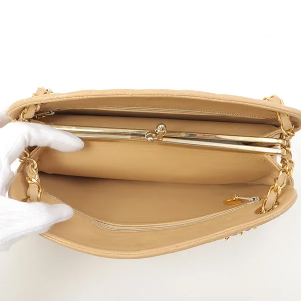 Chanel Around 1990 Made Chevron Cc Mark Plate Metal Clasp Chain Bag Beige