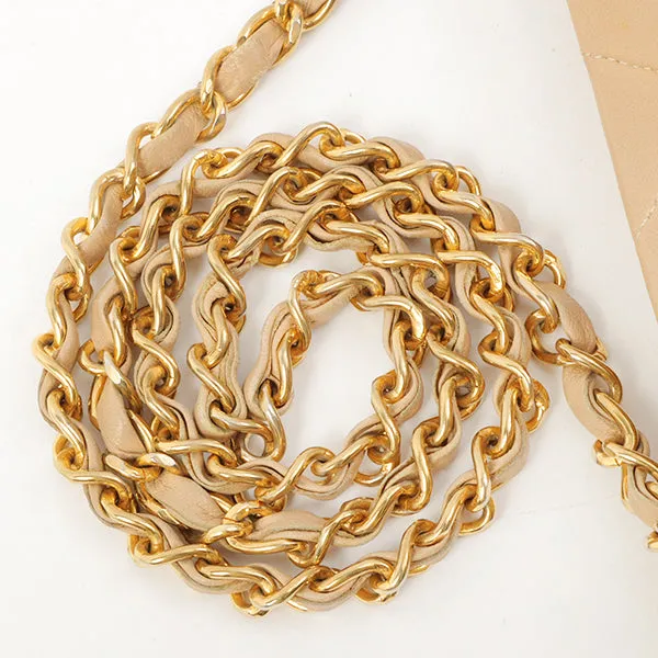 Chanel Around 1990 Made Chevron Cc Mark Plate Metal Clasp Chain Bag Beige