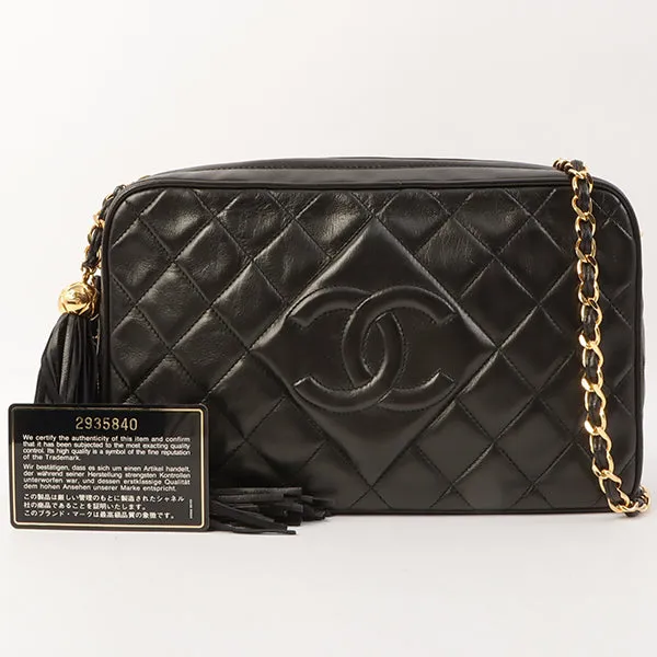 Chanel Around 1992 Made Diamond Cc Mark Stitch Fringe Chain Bag Black