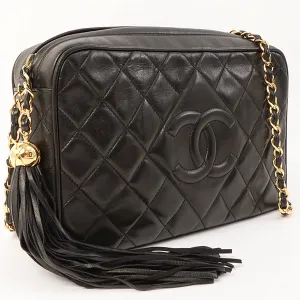 Chanel Around 1992 Made Diamond Cc Mark Stitch Fringe Chain Bag Black