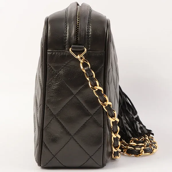 Chanel Around 1992 Made Diamond Cc Mark Stitch Fringe Chain Bag Black