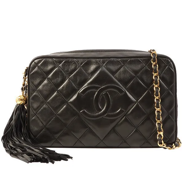 Chanel Around 1992 Made Diamond Cc Mark Stitch Fringe Chain Bag Black