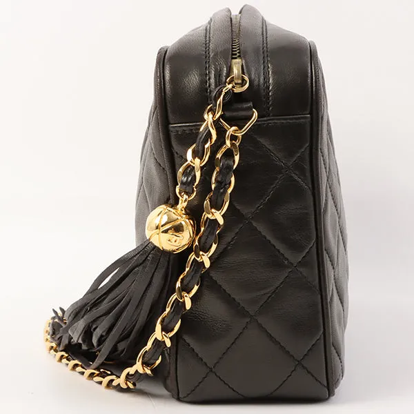 Chanel Around 1992 Made Diamond Cc Mark Stitch Fringe Chain Bag Black