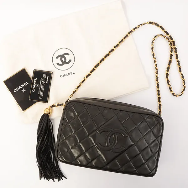 Chanel Around 1992 Made Diamond Cc Mark Stitch Fringe Chain Bag Black