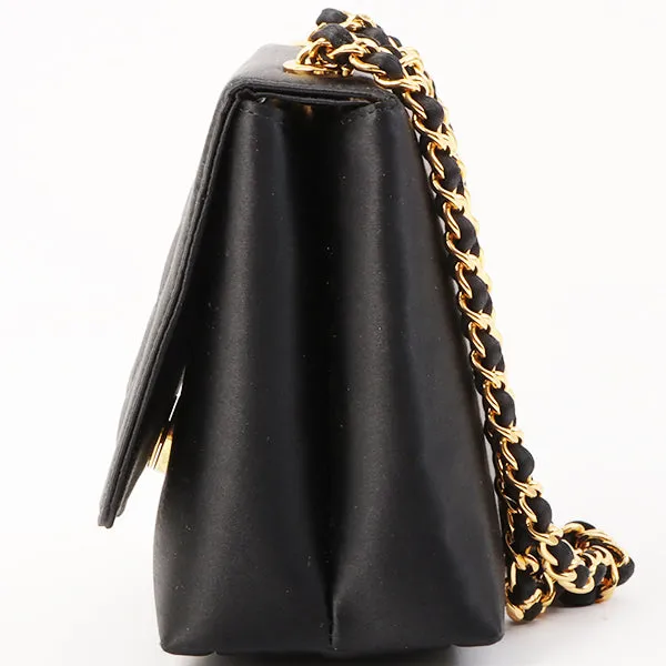 Chanel Around 1996 Made Satin Camellia Cc Mark Stitch Chain Shoulder Bag Black