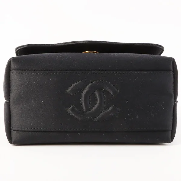 Chanel Around 1996 Made Satin Camellia Cc Mark Stitch Chain Shoulder Bag Black