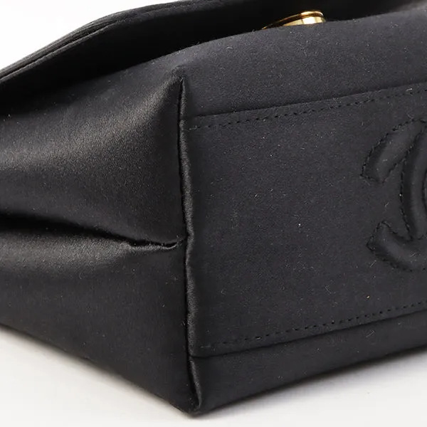 Chanel Around 1996 Made Satin Camellia Cc Mark Stitch Chain Shoulder Bag Black