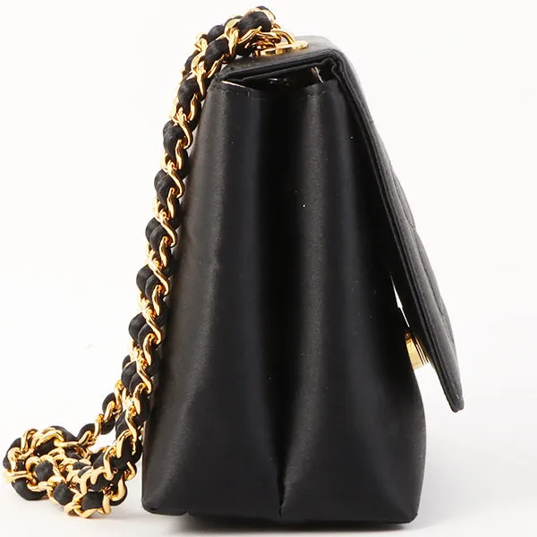Chanel Around 1996 Made Satin Camellia Cc Mark Stitch Chain Shoulder Bag Black