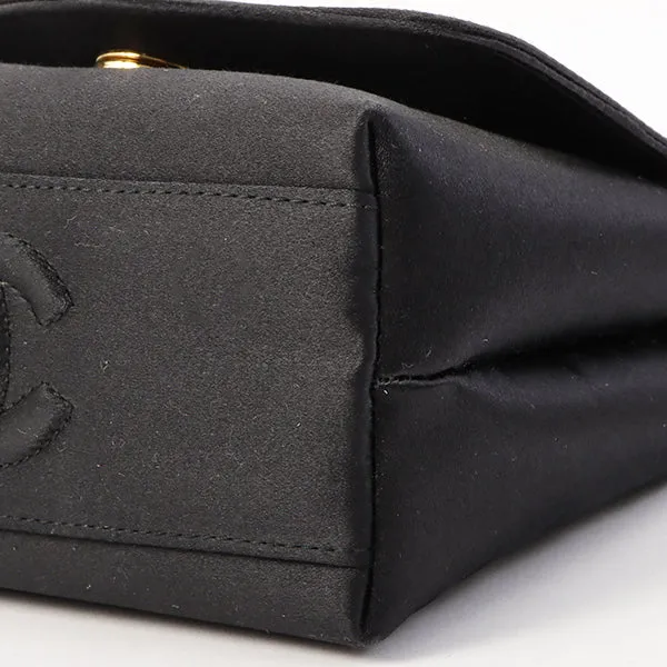 Chanel Around 1996 Made Satin Camellia Cc Mark Stitch Chain Shoulder Bag Black