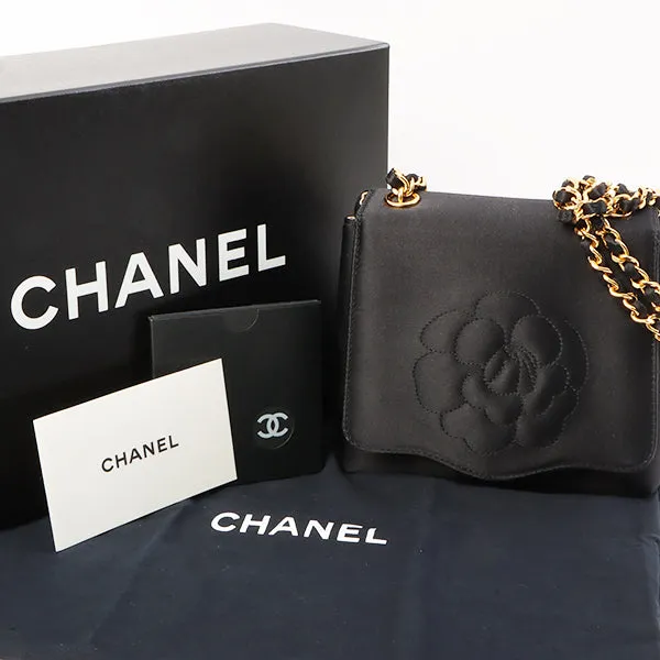 Chanel Around 1996 Made Satin Camellia Cc Mark Stitch Chain Shoulder Bag Black