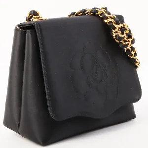 Chanel Around 1996 Made Satin Camellia Cc Mark Stitch Chain Shoulder Bag Black