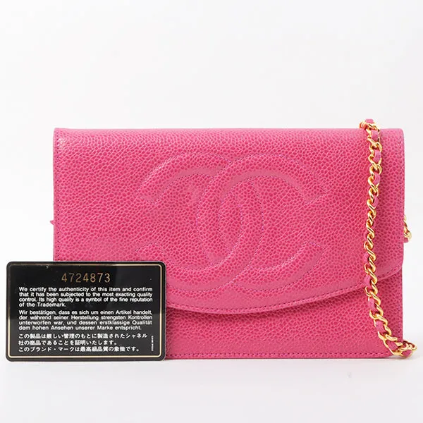 Chanel Around 1997 Made Caviar Skin Cc Mark Stitch Chain Wallet Fuchsia Pink