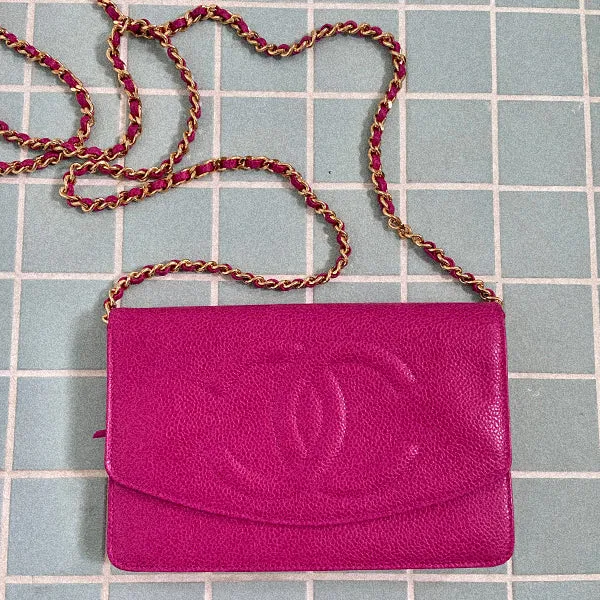Chanel Around 1997 Made Caviar Skin Cc Mark Stitch Chain Wallet Fuchsia Pink