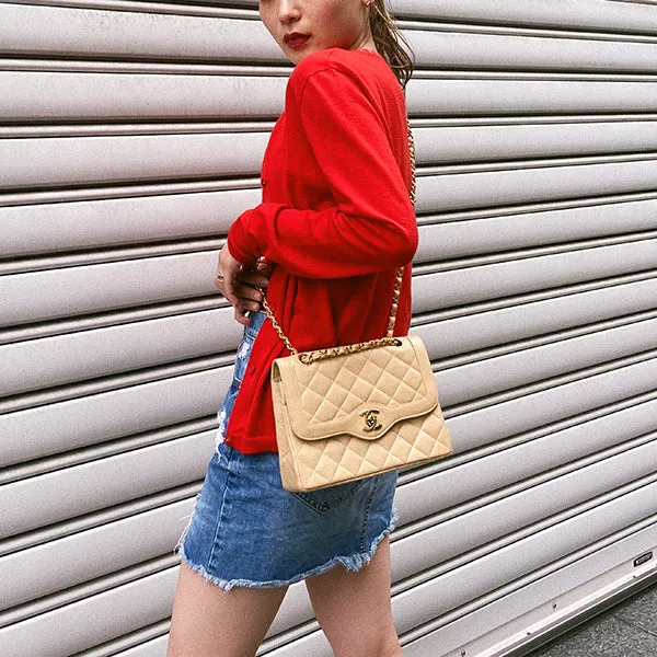 Chanel Around 1997 Made Paris Limited Design Flap Turn-Lock Chain Bag Beige