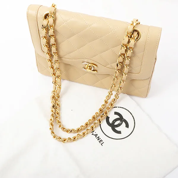 Chanel Around 1997 Made Paris Limited Design Flap Turn-Lock Chain Bag Beige