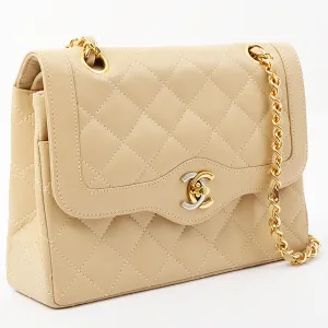 Chanel Around 1997 Made Paris Limited Design Flap Turn-Lock Chain Bag Beige