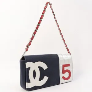Chanel Around 2002 Made Denim Chocolate Bar Cc Mark No.5 Stitch Chain Shoulder Bag Navy/Silver/Red