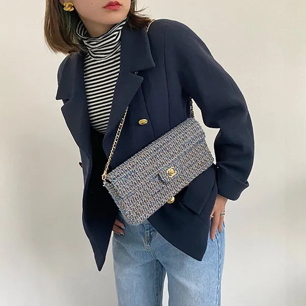 Chanel Around 2003 Made Tweed Chocolate Bar Chain Bag Indigo/Multi