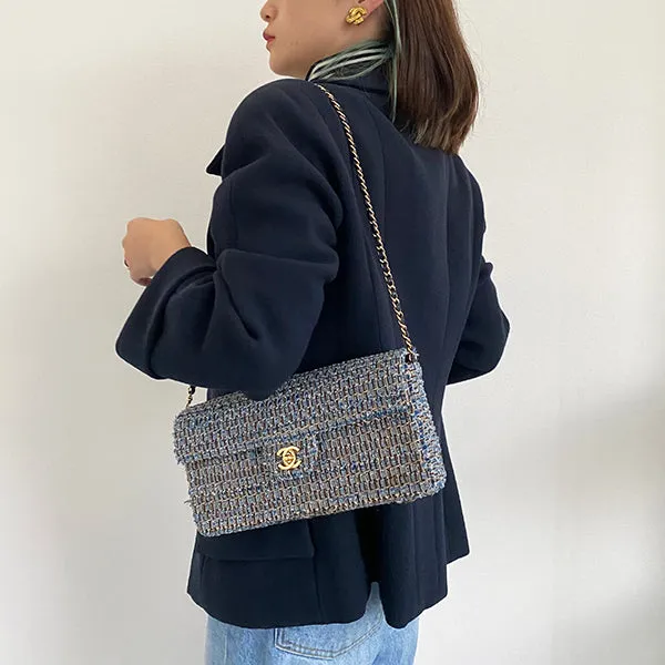 Chanel Around 2003 Made Tweed Chocolate Bar Chain Bag Indigo/Multi