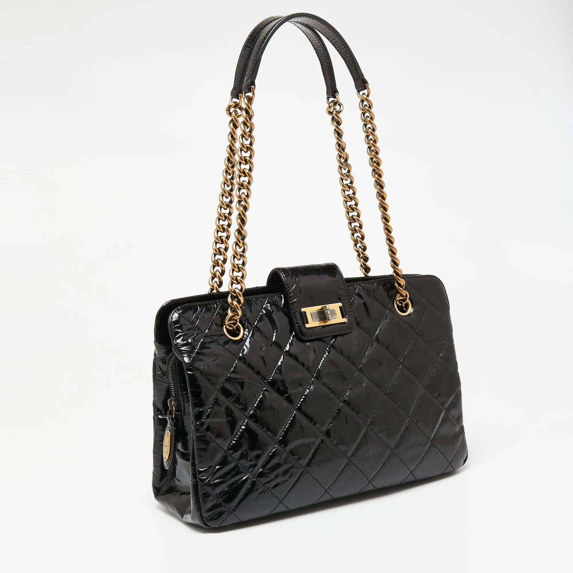 Chanel Black Crackled Glazed Quilted Leather Reissue Chain Tote