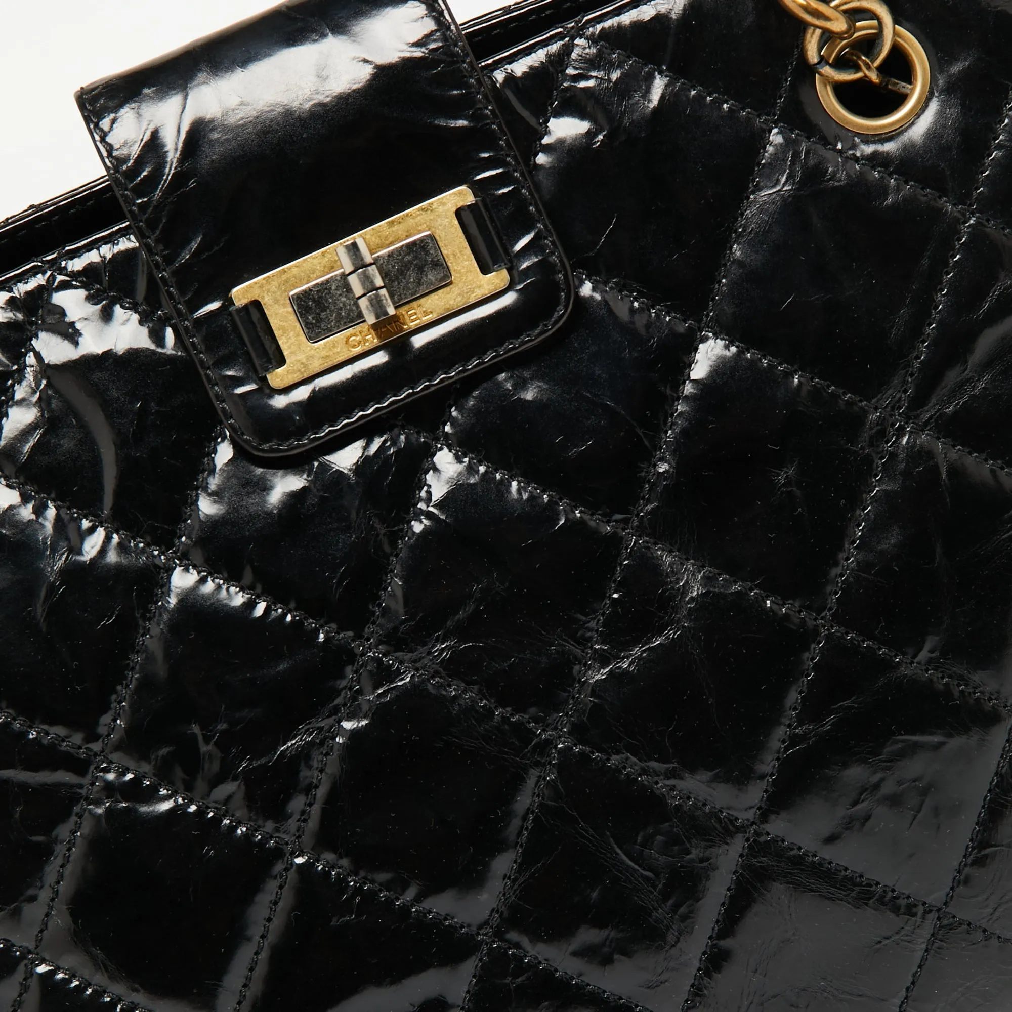 Chanel Black Crackled Glazed Quilted Leather Reissue Chain Tote