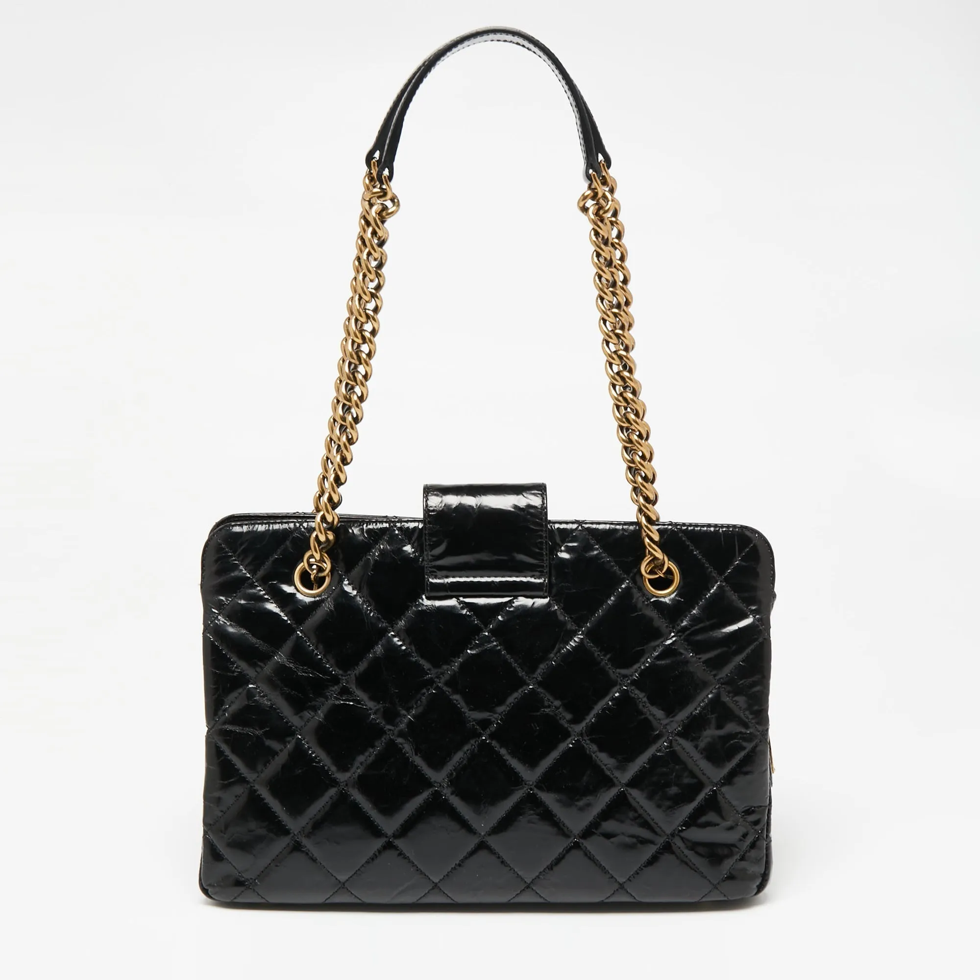 Chanel Black Crackled Glazed Quilted Leather Reissue Chain Tote
