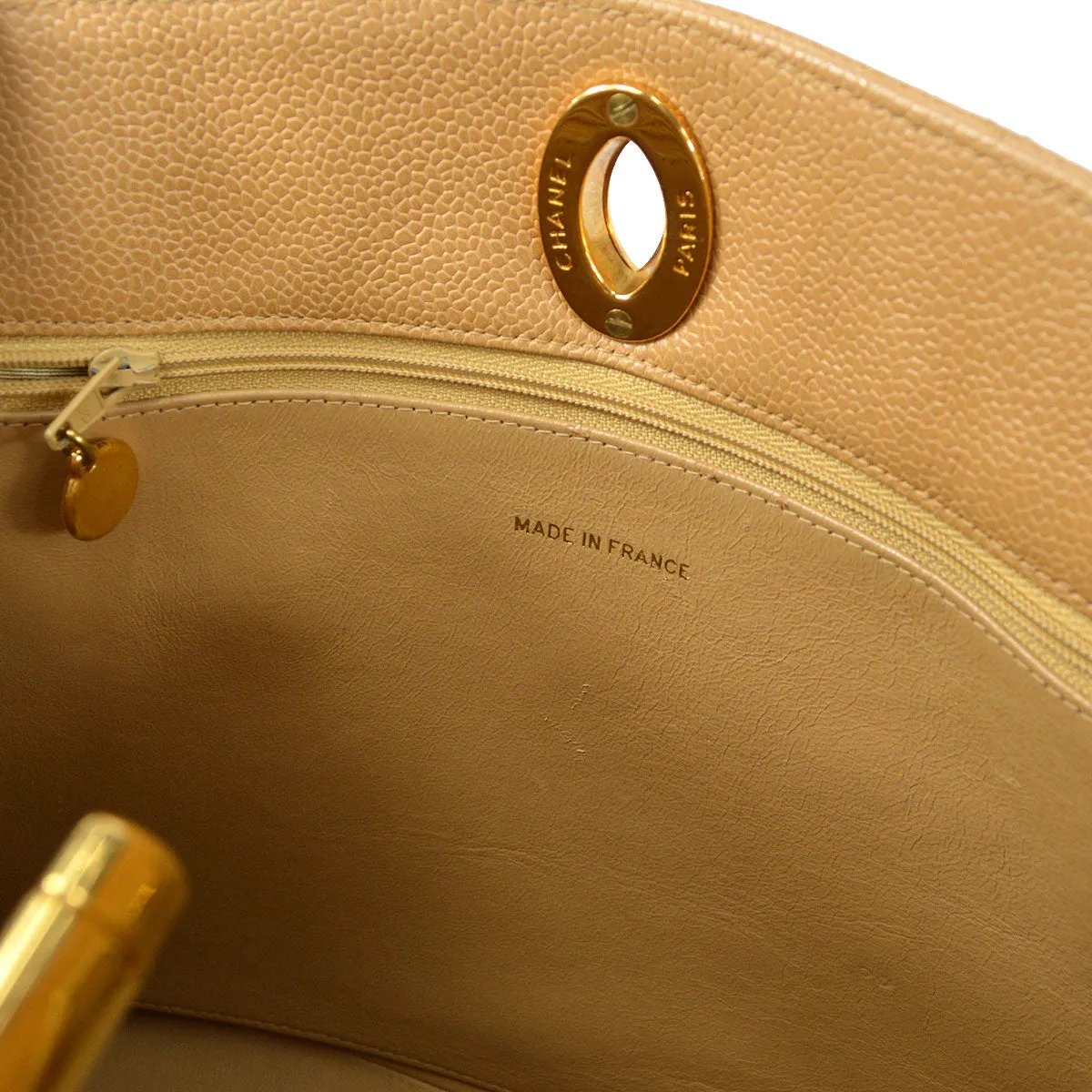 CHANEL Chain Shoulder Tote Bag Beige Caviar