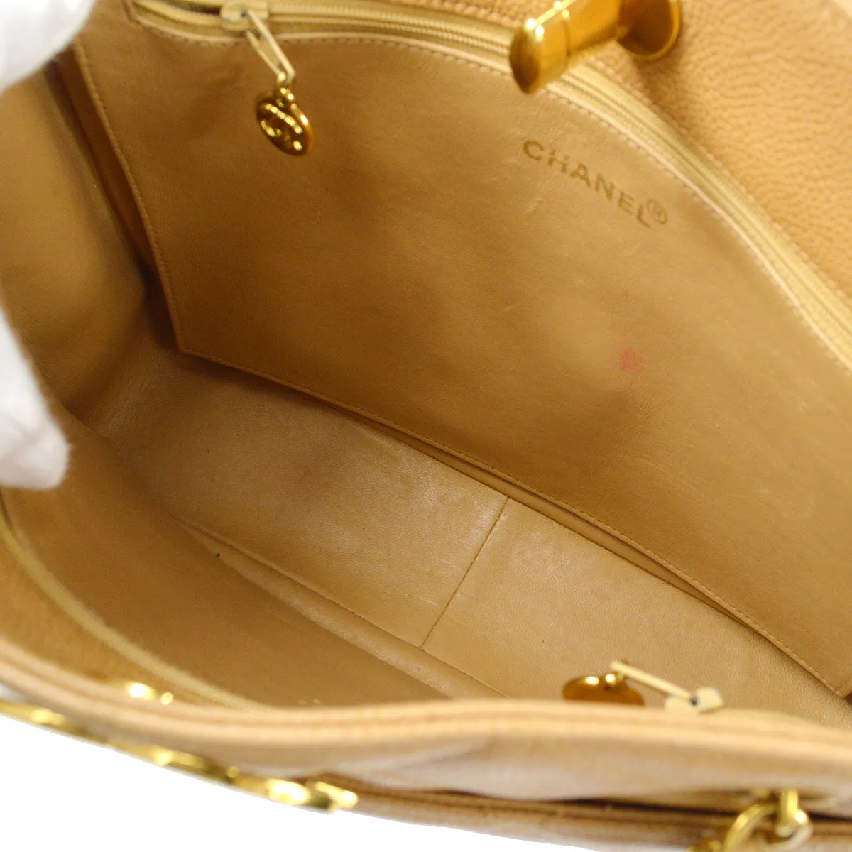 CHANEL Chain Shoulder Tote Bag Beige Caviar
