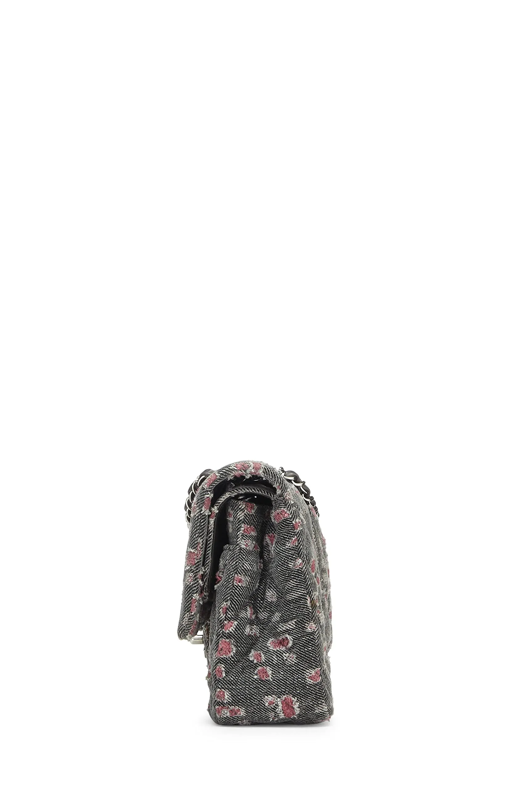 Chanel,  Grey & Pink Distressed Denim Classic Double Flap Medium, Pink