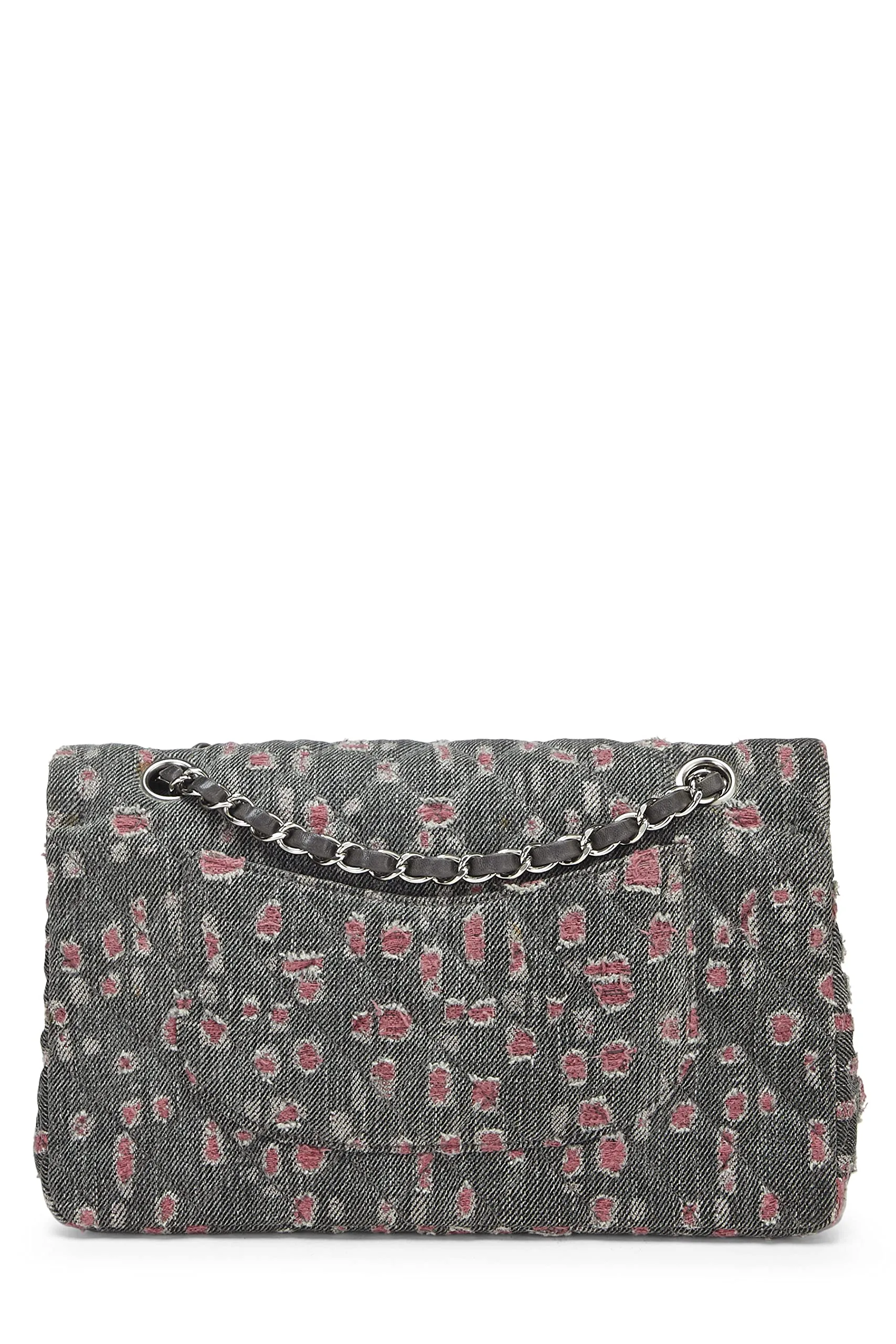 Chanel,  Grey & Pink Distressed Denim Classic Double Flap Medium, Pink