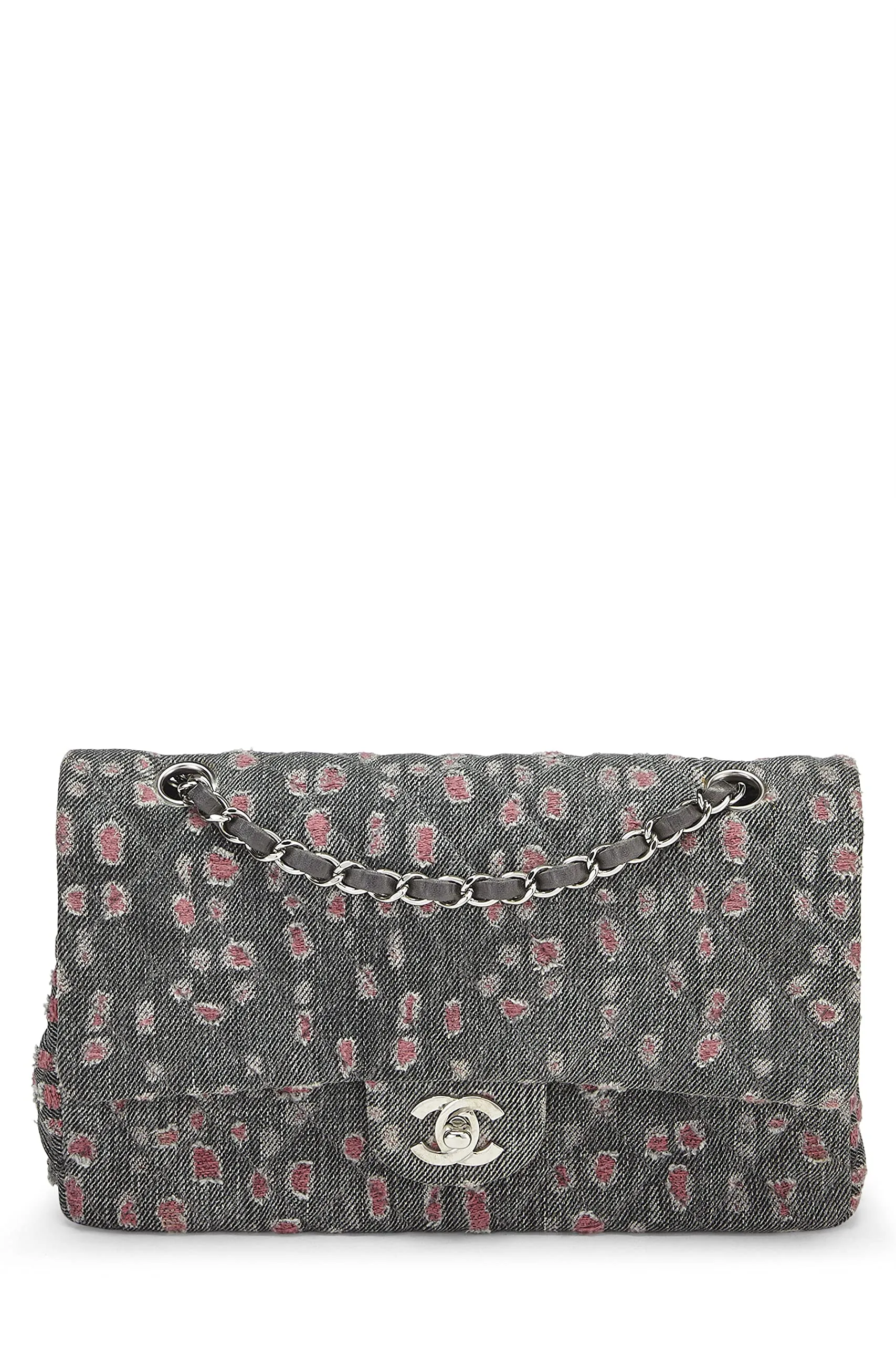 Chanel,  Grey & Pink Distressed Denim Classic Double Flap Medium, Pink