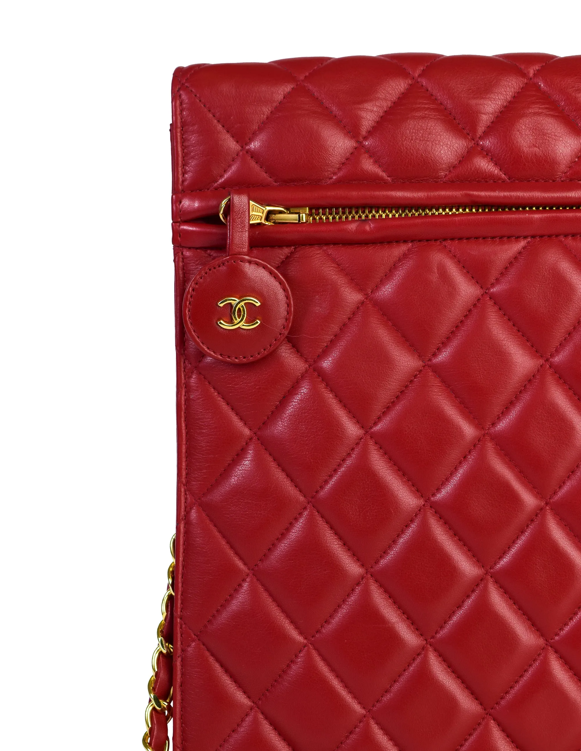 Chanel Vintage Oversized Red Matelasse Quilted Lambskin Leather CC Logo Jumbo Maxi Flap Bag