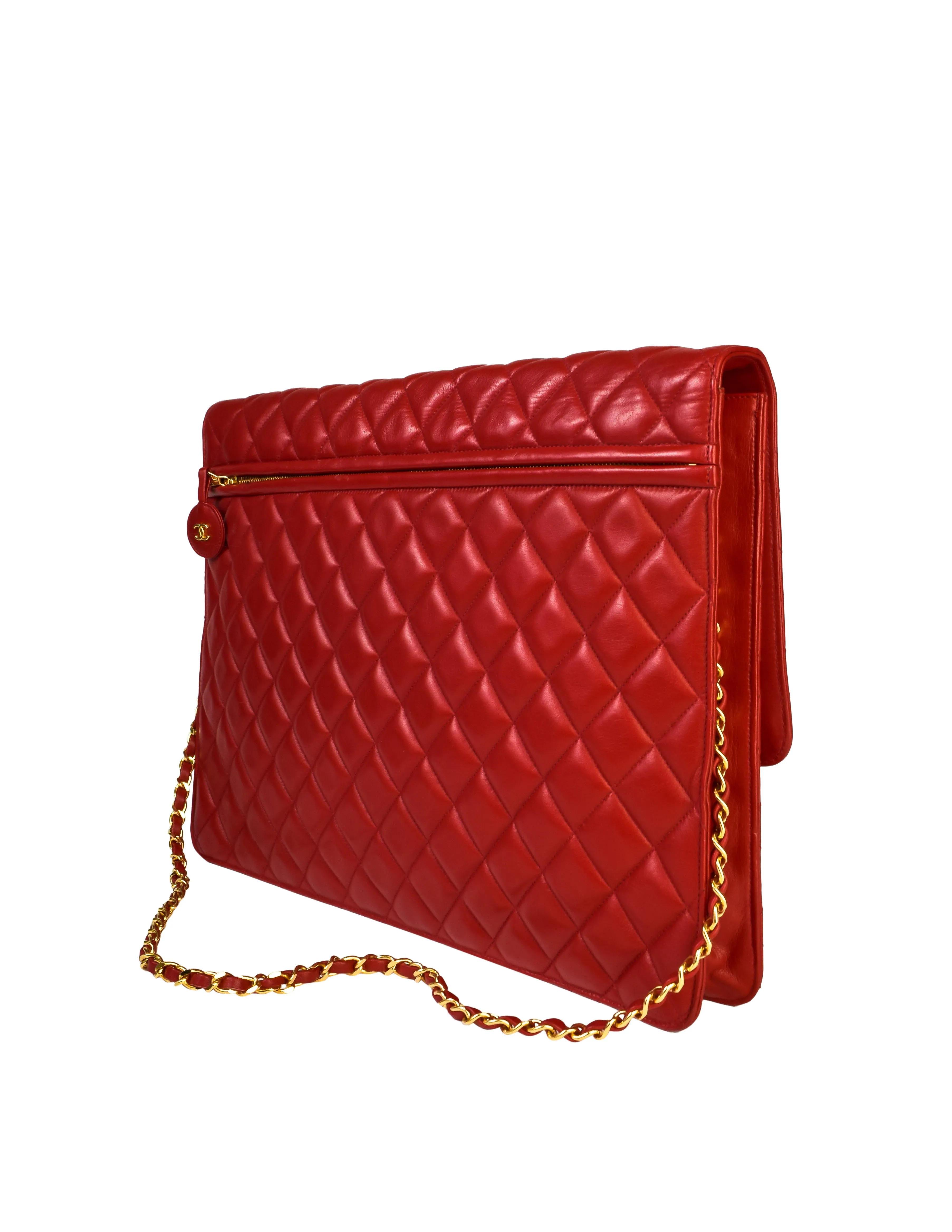 Chanel Vintage Oversized Red Matelasse Quilted Lambskin Leather CC Logo Jumbo Maxi Flap Bag