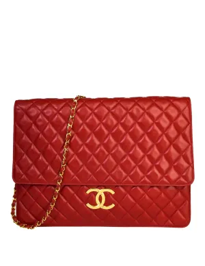 Chanel Vintage Oversized Red Matelasse Quilted Lambskin Leather CC Logo Jumbo Maxi Flap Bag