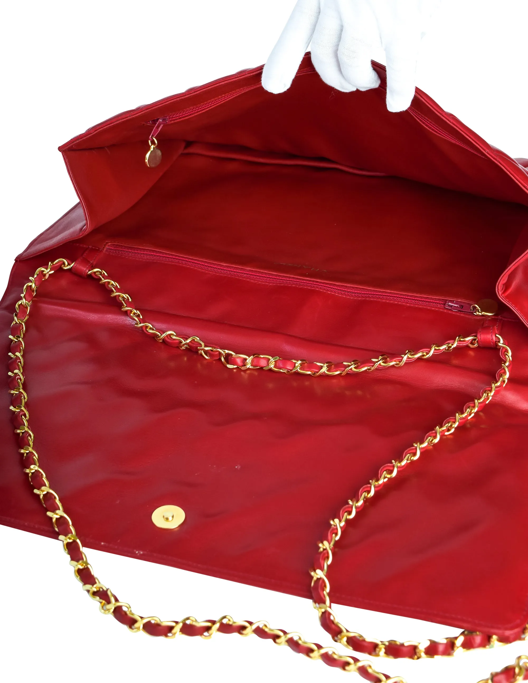 Chanel Vintage Oversized Red Matelasse Quilted Lambskin Leather CC Logo Jumbo Maxi Flap Bag