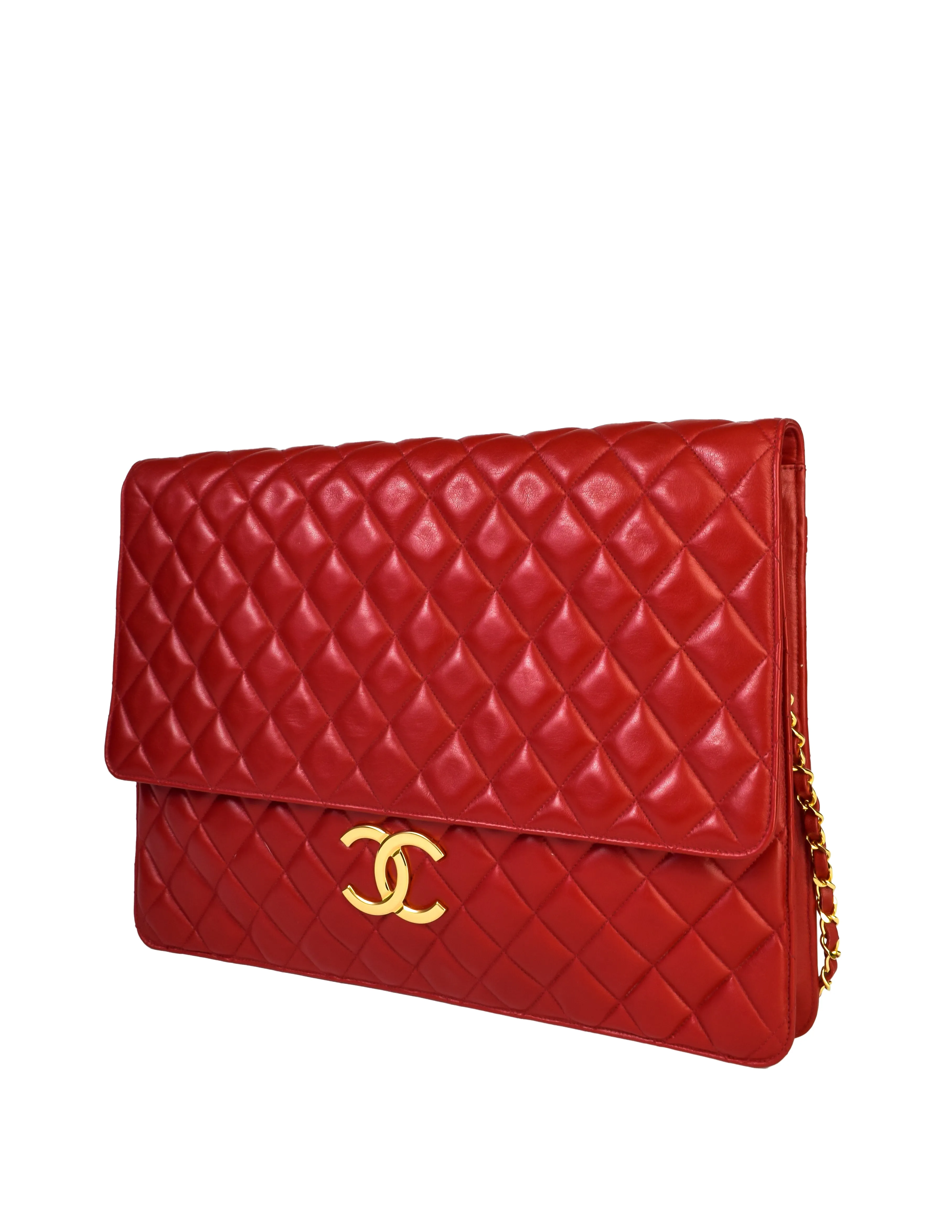 Chanel Vintage Oversized Red Matelasse Quilted Lambskin Leather CC Logo Jumbo Maxi Flap Bag