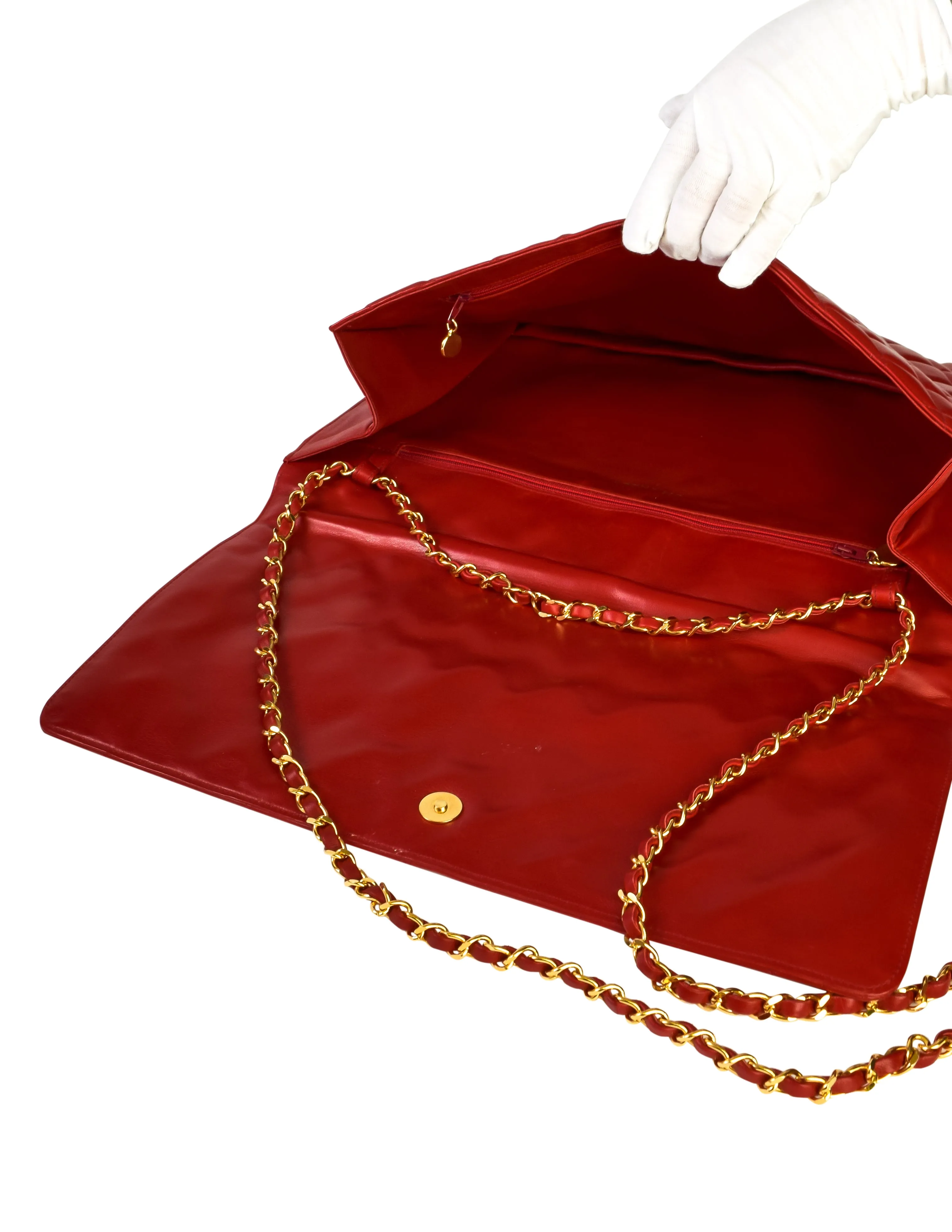 Chanel Vintage Oversized Red Matelasse Quilted Lambskin Leather CC Logo Jumbo Maxi Flap Bag