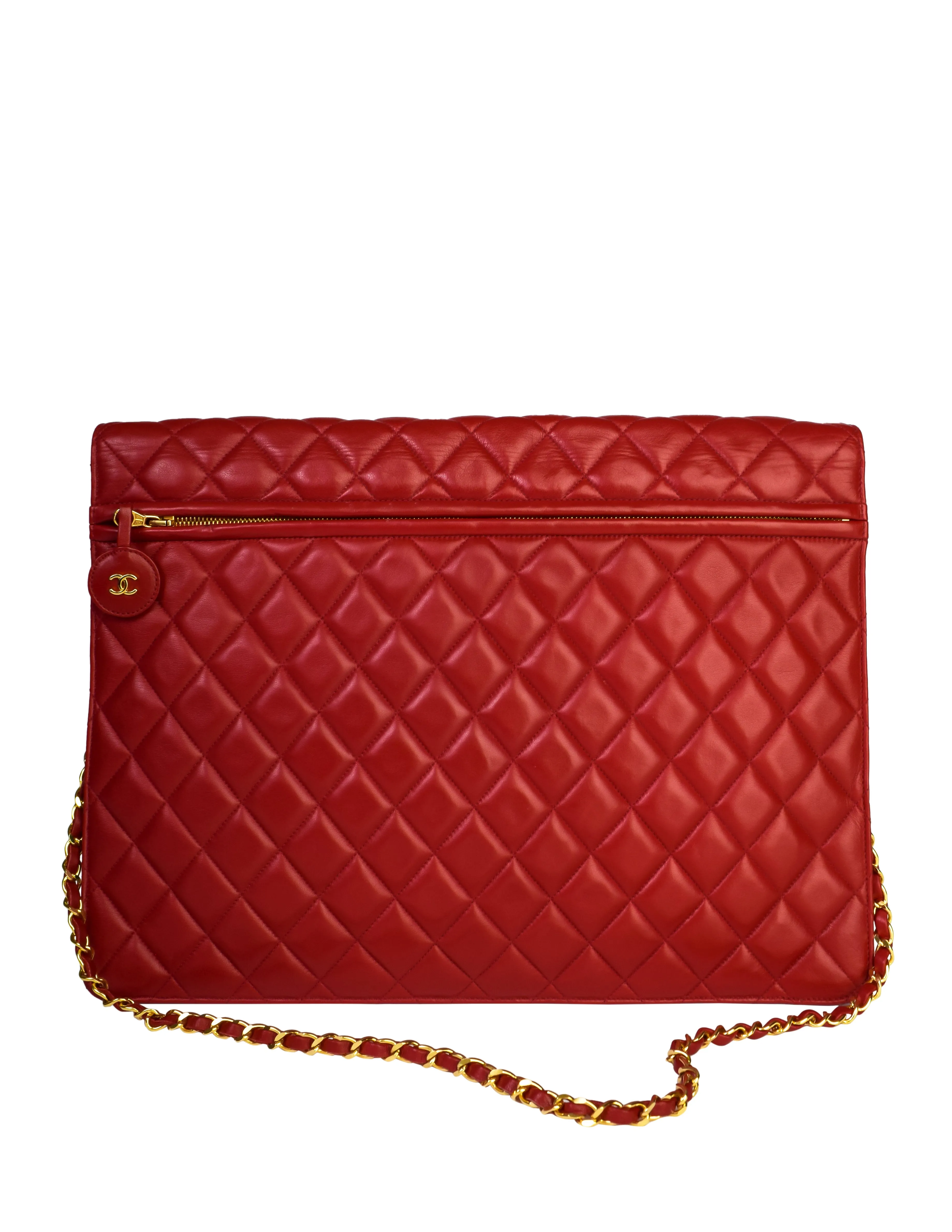 Chanel Vintage Oversized Red Matelasse Quilted Lambskin Leather CC Logo Jumbo Maxi Flap Bag