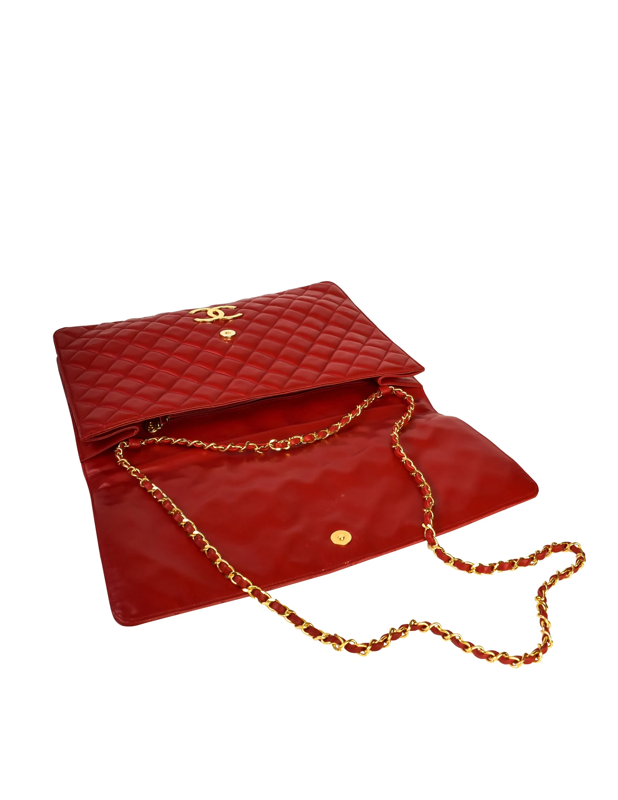Chanel Vintage Oversized Red Matelasse Quilted Lambskin Leather CC Logo Jumbo Maxi Flap Bag