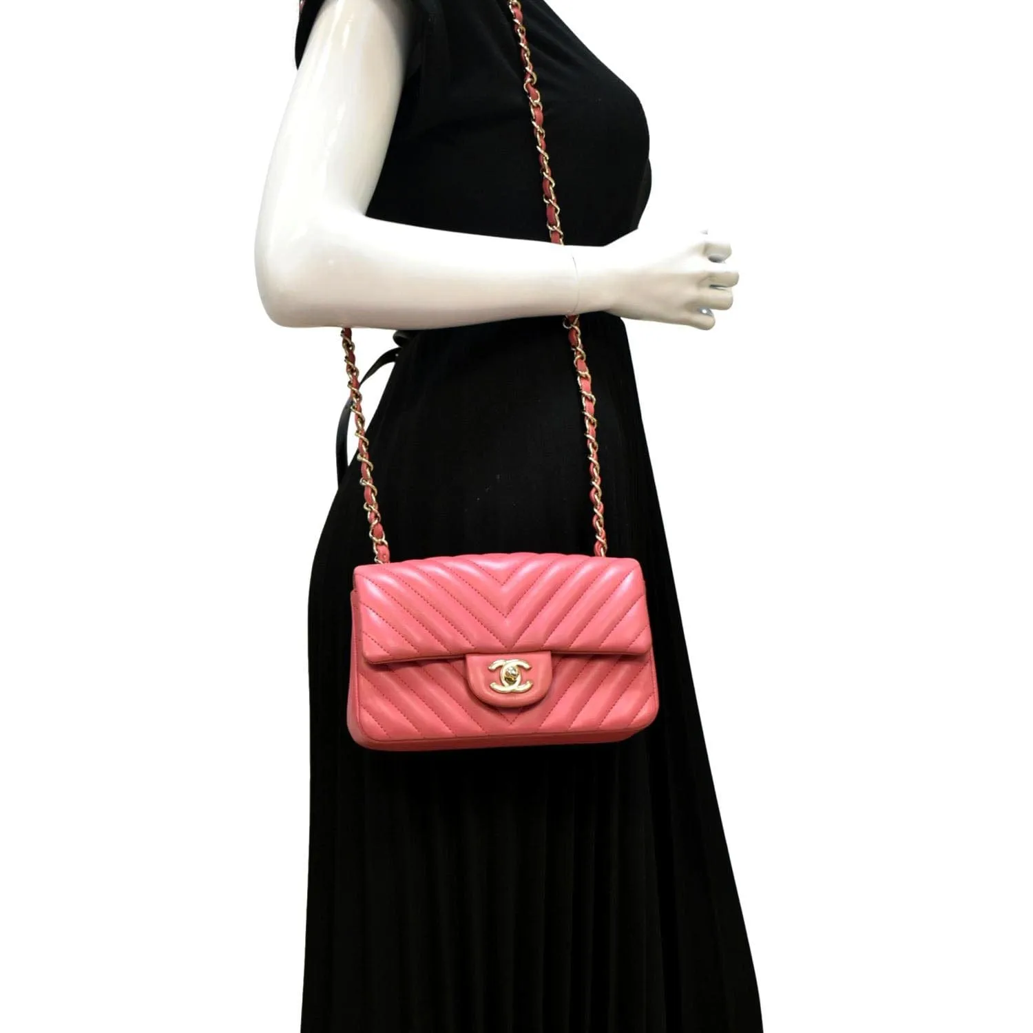 CL Timeless Classic Square Flap Chevron Calfskin Leather Crossbody Bag Pink