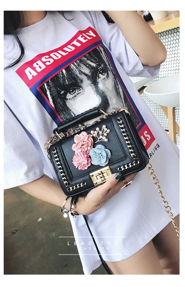 Faux Leather Floral Design Clutch Handbag Womens Accessories