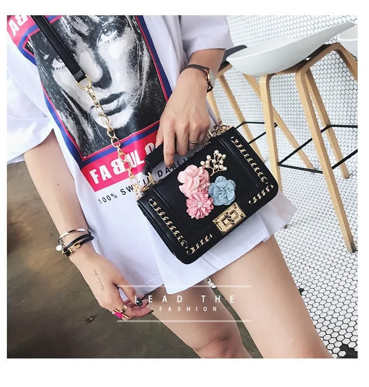 Faux Leather Floral Design Clutch Handbag Womens Accessories