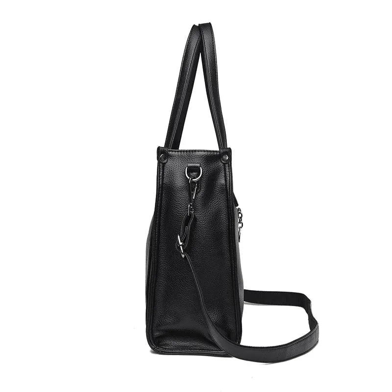 Genuine Leather Tote Bags Women's Large Zipper Stitch Plaid Outer Pocket Handbag