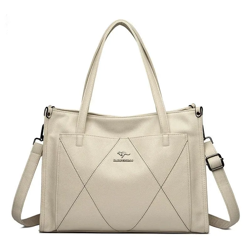 Genuine Leather Tote Bags Women's Large Zipper Stitch Plaid Outer Pocket Handbag